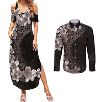 Hawaiian Plumeria-Polynesian Art Tattoo Grayscale Color Couples Matching Summer Maxi Dress and Long Sleeve Button Shirt LT03 Gray - Polynesian Pride