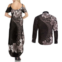 Hawaiian Plumeria-Polynesian Art Tattoo Grayscale Color Couples Matching Summer Maxi Dress and Long Sleeve Button Shirt LT03 - Polynesian Pride