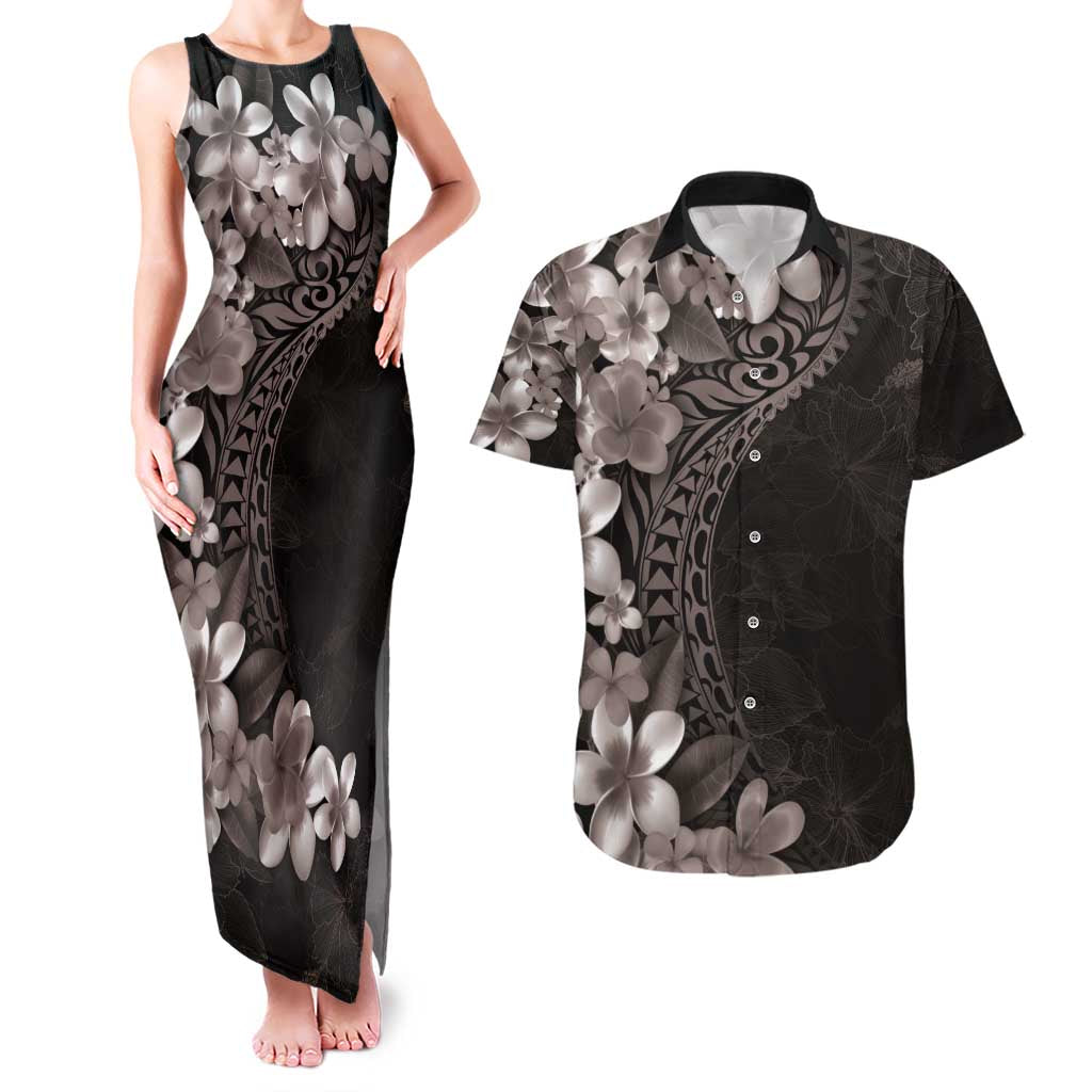 Hawaiian Plumeria-Polynesian Art Tattoo Grayscale Color Couples Matching Tank Maxi Dress and Hawaiian Shirt LT03 Gray - Polynesian Pride