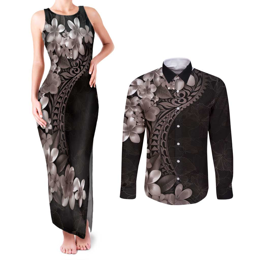 Hawaiian Plumeria-Polynesian Art Tattoo Grayscale Color Couples Matching Tank Maxi Dress and Long Sleeve Button Shirt LT03 Gray - Polynesian Pride