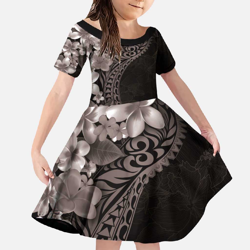 Hawaiian Plumeria-Polynesian Art Tattoo Grayscale Color Family Matching Long Sleeve Bodycon Dress and Hawaiian Shirt LT03 Daughter's Dress Gray - Polynesian Pride