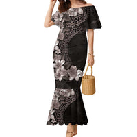 Hawaiian Plumeria-Polynesian Art Tattoo Grayscale Color Family Matching Mermaid Dress and Hawaiian Shirt LT03 Mom's Dress Gray - Polynesian Pride