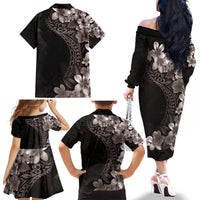 Hawaiian Plumeria-Polynesian Art Tattoo Grayscale Color Family Matching Off The Shoulder Long Sleeve Dress and Hawaiian Shirt LT03 - Polynesian Pride