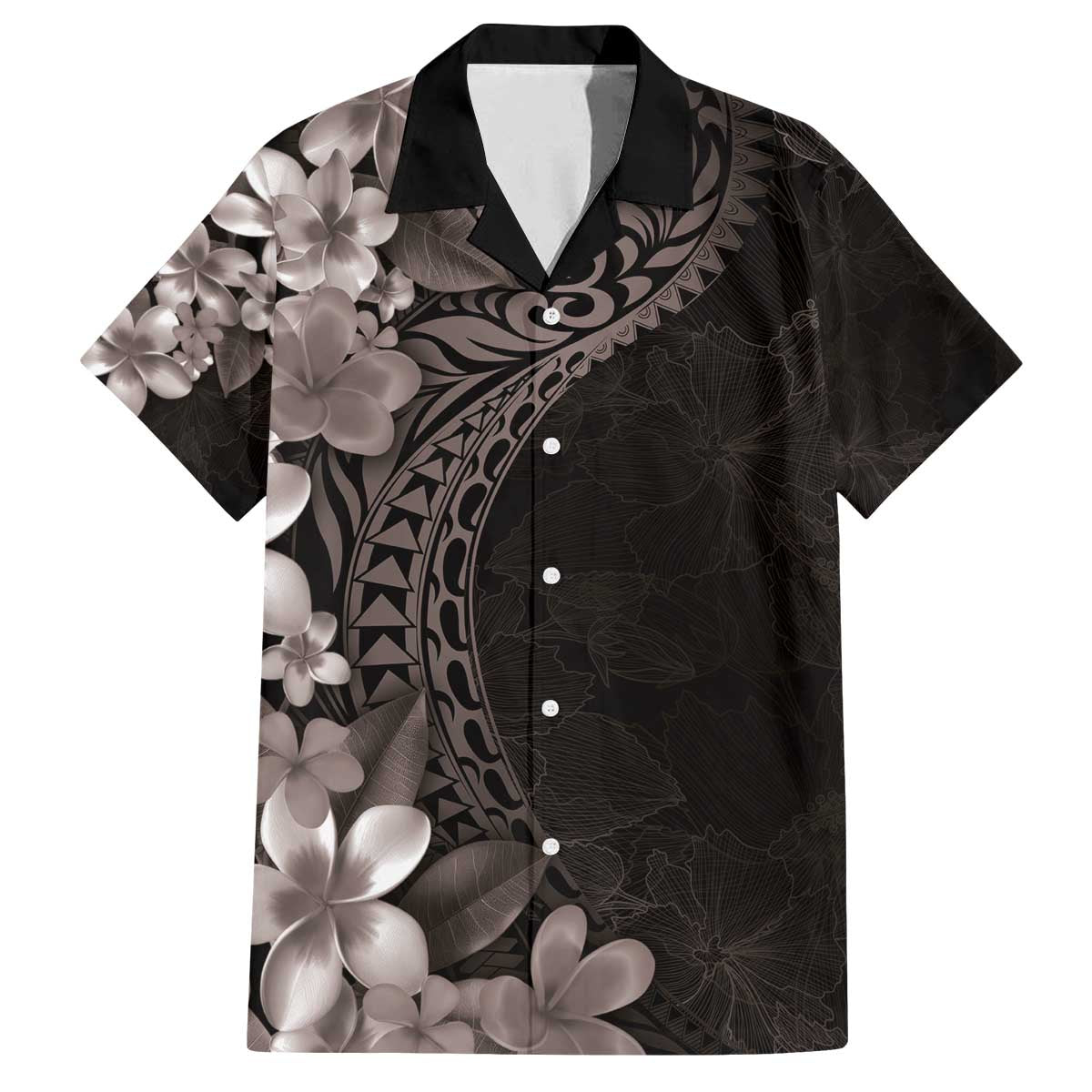 Hawaiian Plumeria-Polynesian Art Tattoo Grayscale Color Family Matching Off The Shoulder Long Sleeve Dress and Hawaiian Shirt LT03 Dad's Shirt - Short Sleeve Gray - Polynesian Pride
