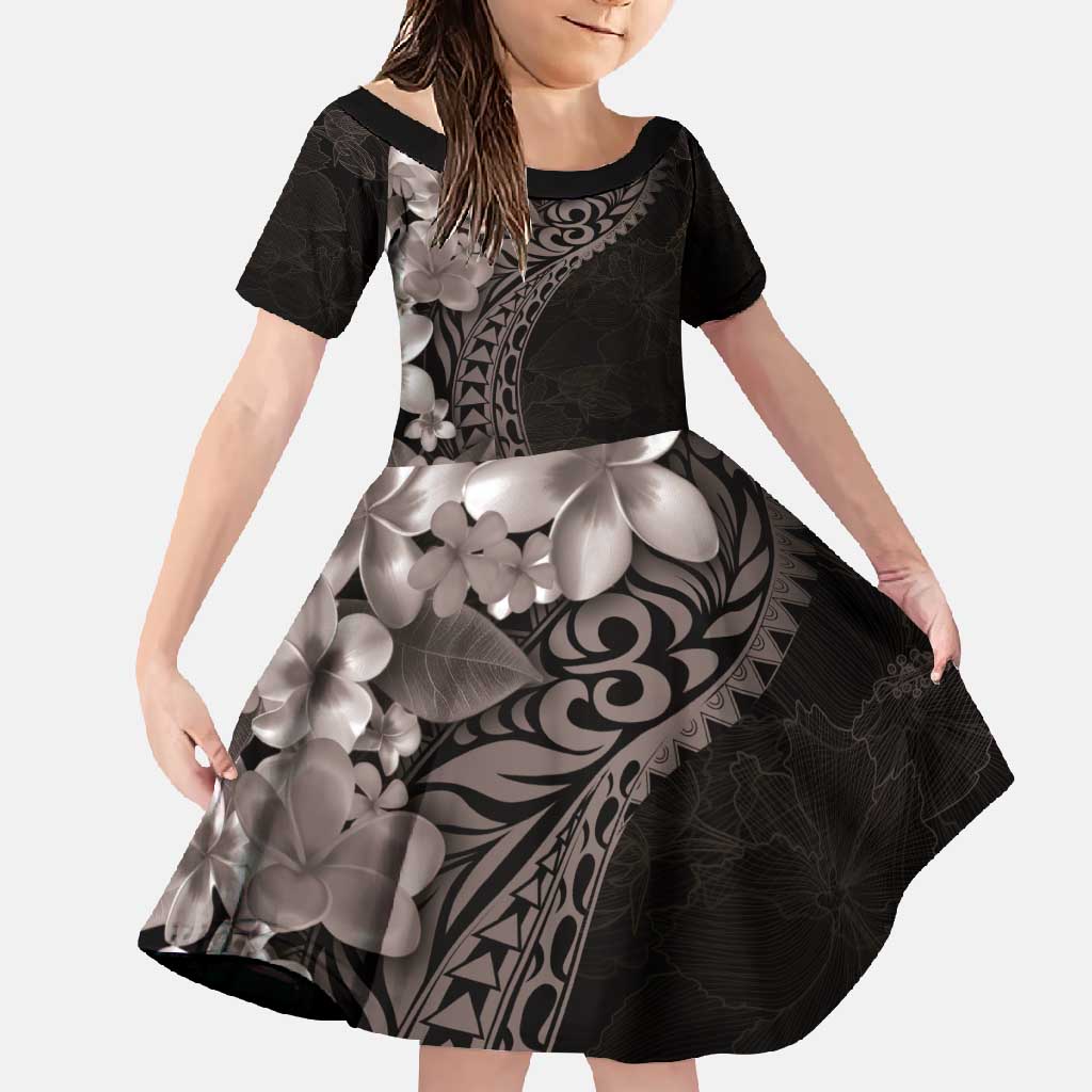 Hawaiian Plumeria-Polynesian Art Tattoo Grayscale Color Family Matching Off Shoulder Maxi Dress and Hawaiian Shirt LT03 Daughter's Dress Gray - Polynesian Pride