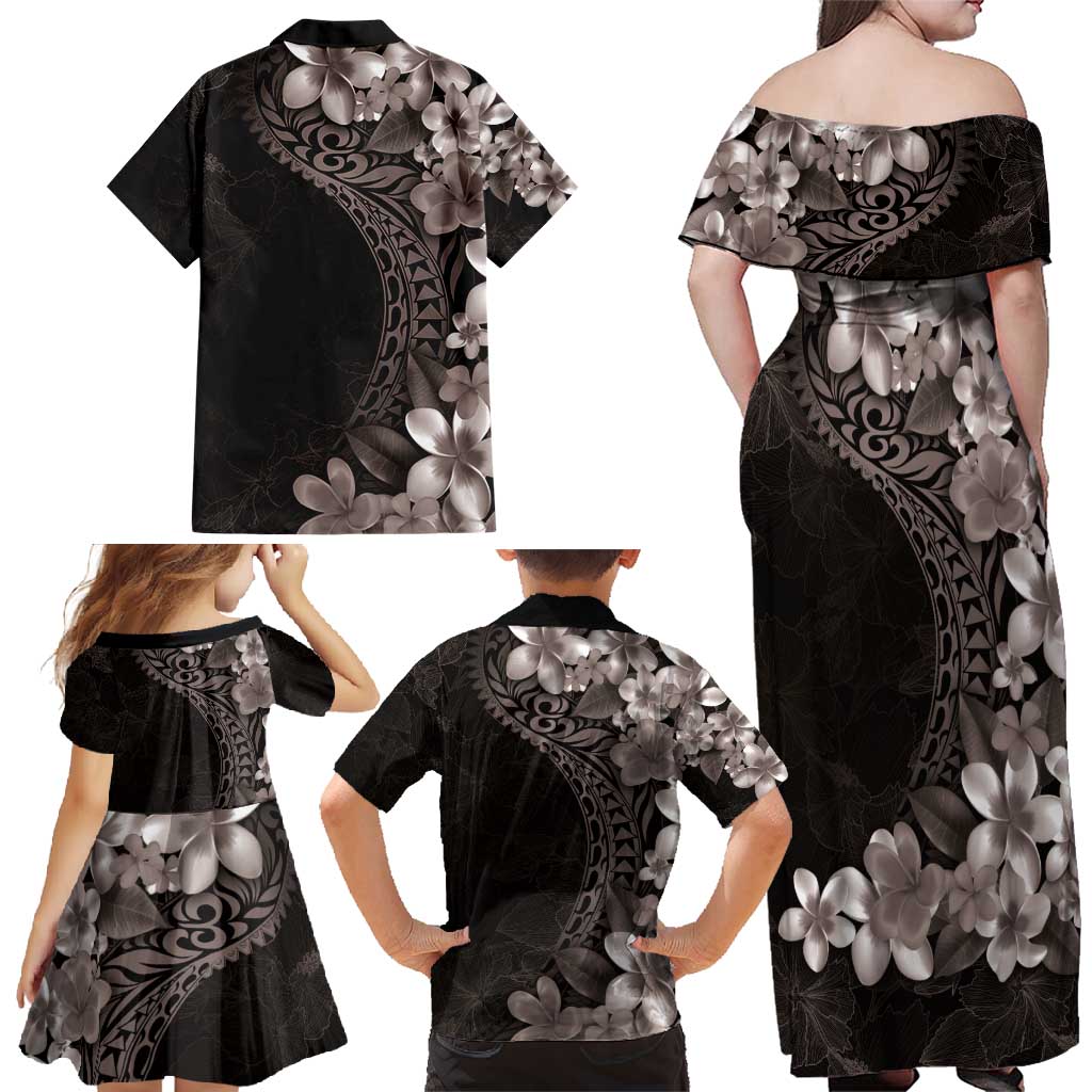 Hawaiian Plumeria-Polynesian Art Tattoo Grayscale Color Family Matching Off Shoulder Maxi Dress and Hawaiian Shirt LT03 - Polynesian Pride