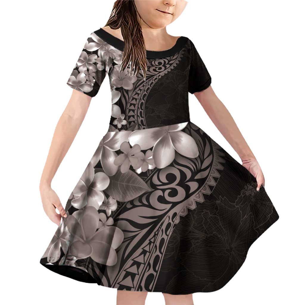 Hawaiian Plumeria-Polynesian Art Tattoo Grayscale Color Family Matching Off Shoulder Short Dress and Hawaiian Shirt LT03 Daughter's Dress Gray - Polynesian Pride