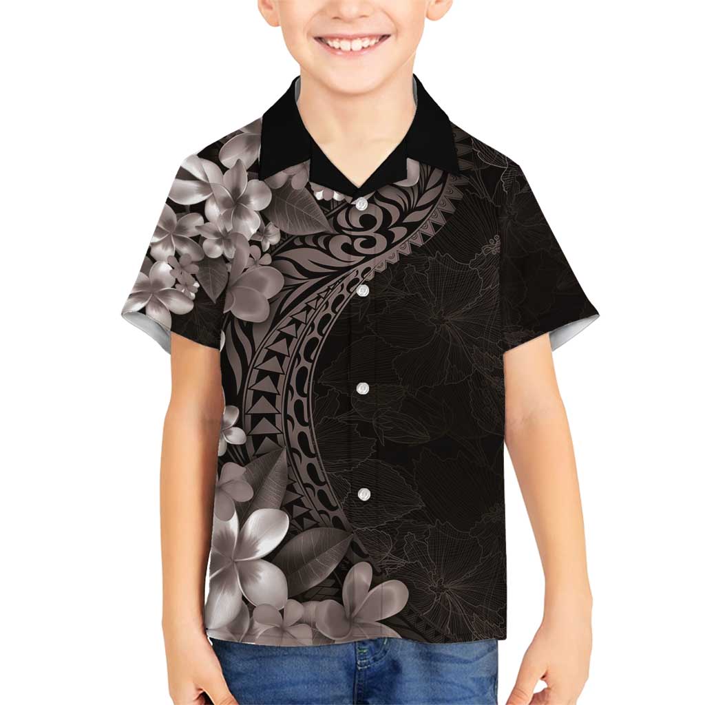 Hawaiian Plumeria-Polynesian Art Tattoo Grayscale Color Family Matching Off Shoulder Short Dress and Hawaiian Shirt LT03 Son's Shirt Gray - Polynesian Pride