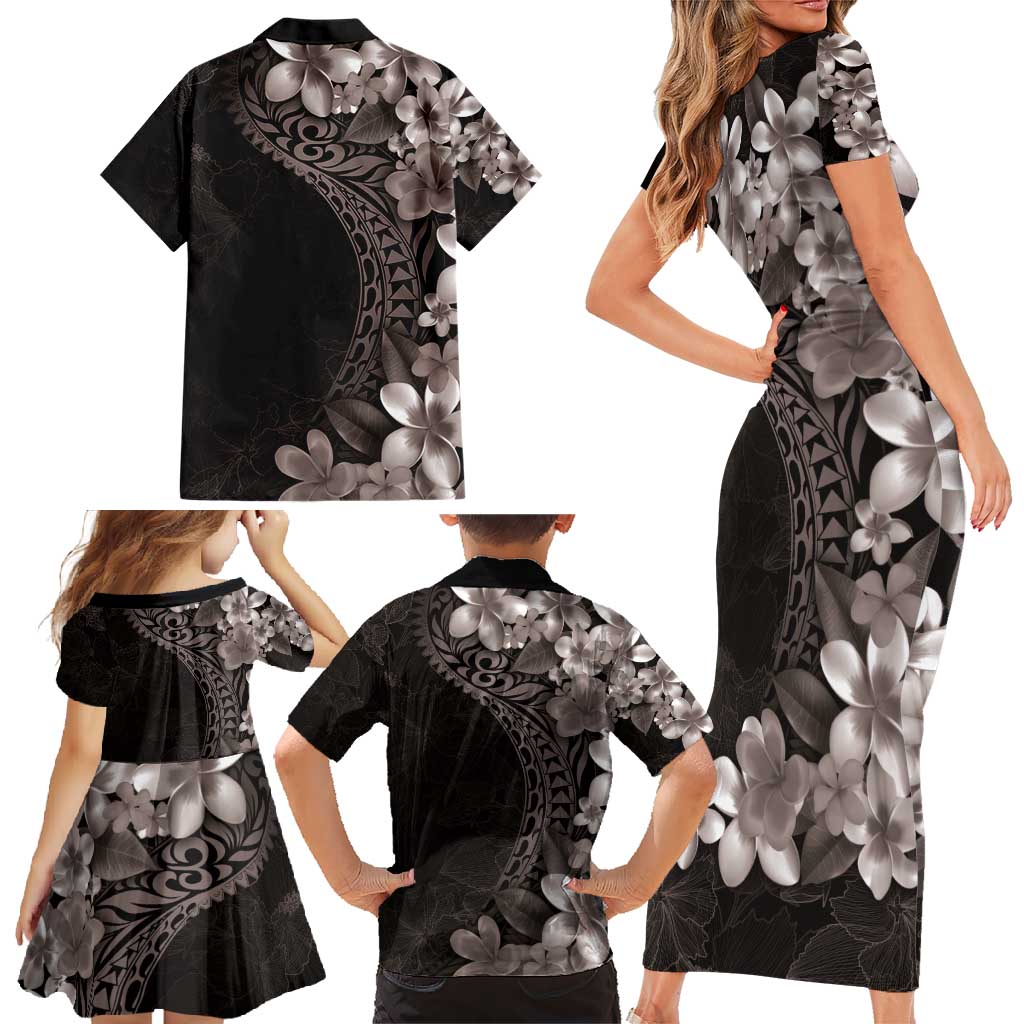 Hawaiian Plumeria-Polynesian Art Tattoo Grayscale Color Family Matching Short Sleeve Bodycon Dress and Hawaiian Shirt LT03 - Polynesian Pride