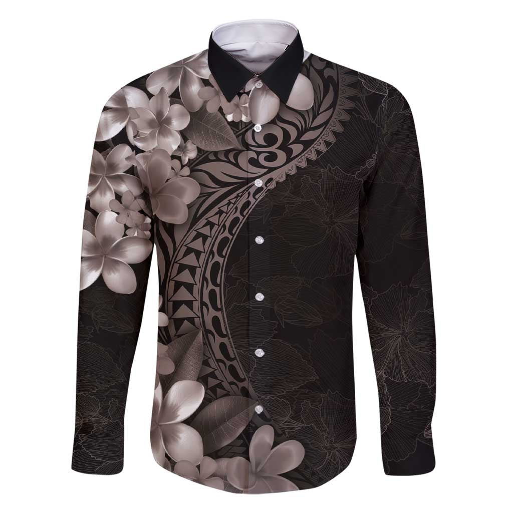 Hawaiian Plumeria-Polynesian Art Tattoo Grayscale Color Family Matching Short Sleeve Bodycon Dress and Hawaiian Shirt LT03 Dad's Shirt - Long Sleeve Gray - Polynesian Pride