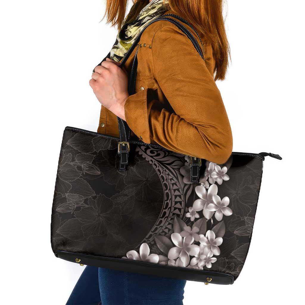 Hawaiian Plumeria-Polynesian Art Tattoo Grayscale Color Leather Tote Bag LT03 Gray - Polynesian Pride