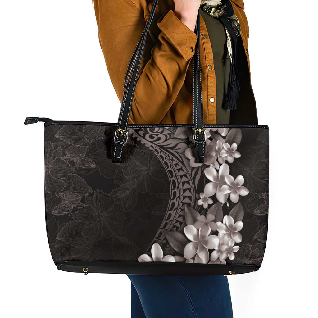 Hawaiian Plumeria-Polynesian Art Tattoo Grayscale Color Leather Tote Bag LT03 - Polynesian Pride