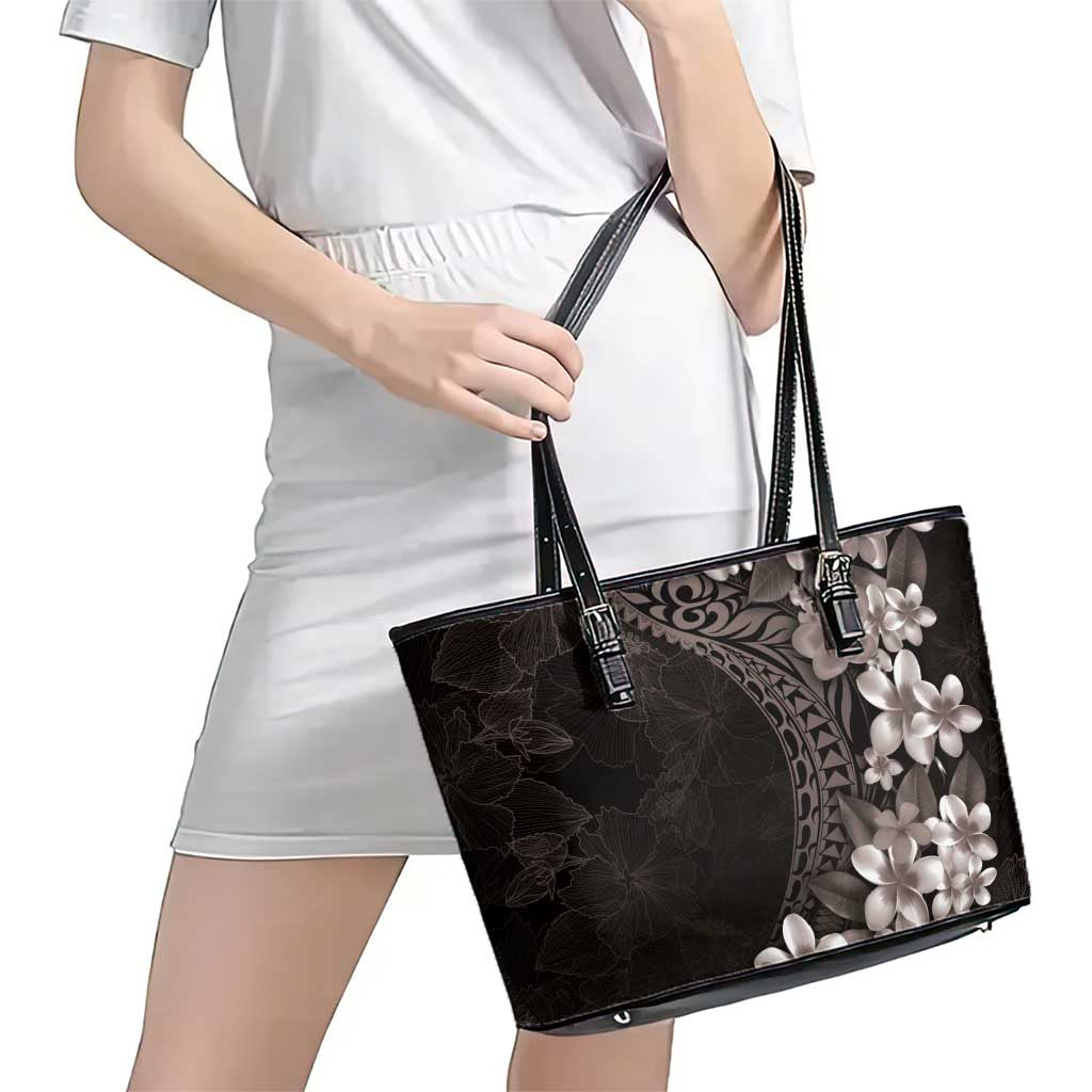 Hawaiian Plumeria-Polynesian Art Tattoo Grayscale Color Leather Tote Bag LT03 - Polynesian Pride
