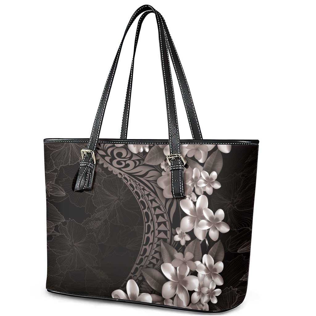 Hawaiian Plumeria-Polynesian Art Tattoo Grayscale Color Leather Tote Bag LT03 - Polynesian Pride