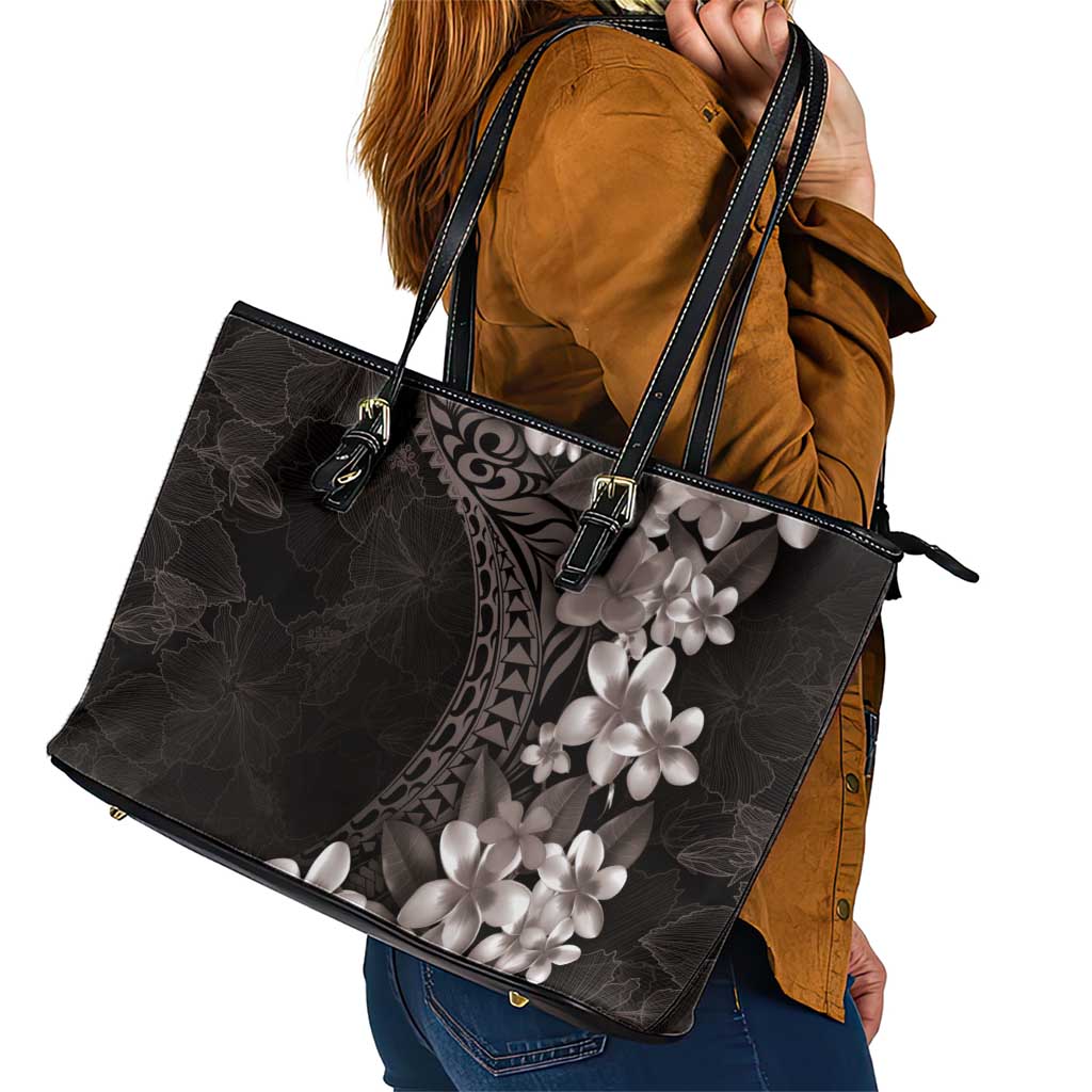 Hawaiian Plumeria-Polynesian Art Tattoo Grayscale Color Leather Tote Bag LT03 - Polynesian Pride