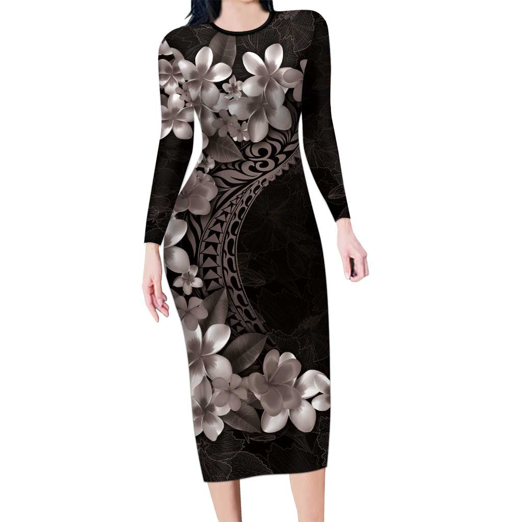 Hawaiian Plumeria-Polynesian Art Tattoo Grayscale Color Long Sleeve Bodycon Dress LT03 Long Dress Gray - Polynesian Pride