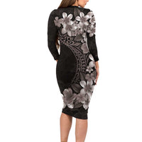 Hawaiian Plumeria-Polynesian Art Tattoo Grayscale Color Long Sleeve Bodycon Dress LT03 - Polynesian Pride