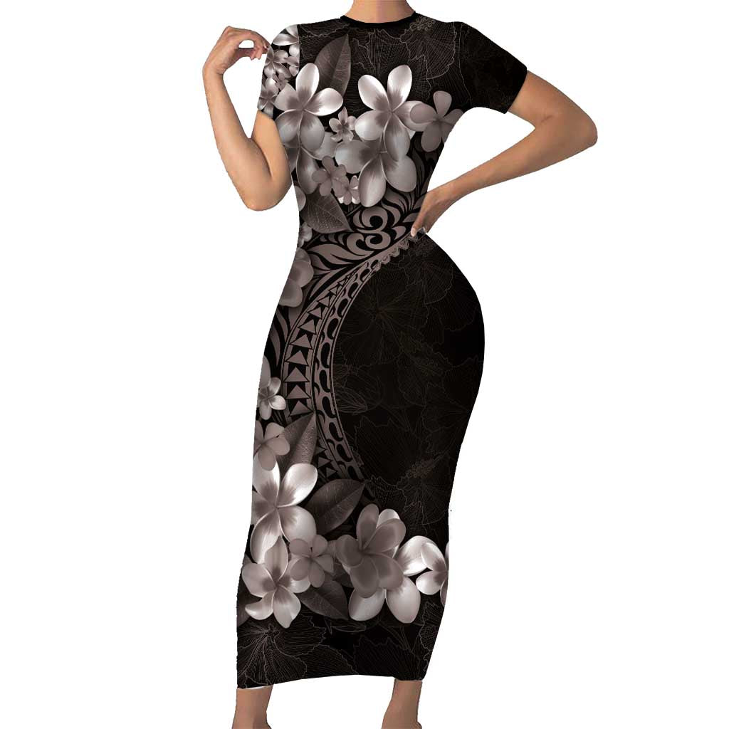 Hawaiian Plumeria-Polynesian Art Tattoo Grayscale Color Short Sleeve Bodycon Dress LT03 Long Dress Gray - Polynesian Pride