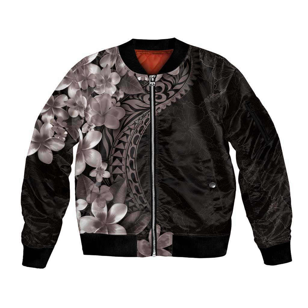 Hawaiian Plumeria-Polynesian Art Tattoo Grayscale Color Sleeve Zip Bomber Jacket