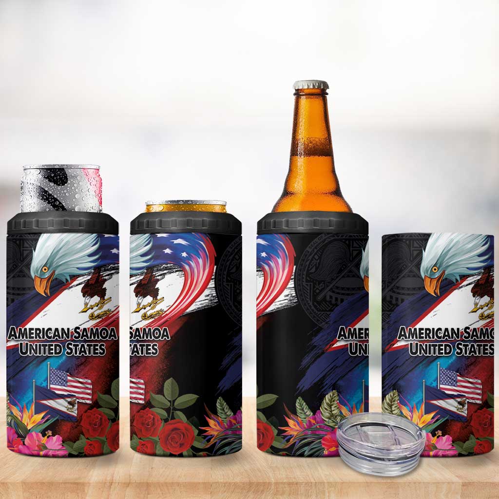 American Samoa and United States Together 4 in 1 Can Cooler Tumbler National Flag with Eagle-Hibiscus and Rose LT03 - Polynesian Pride