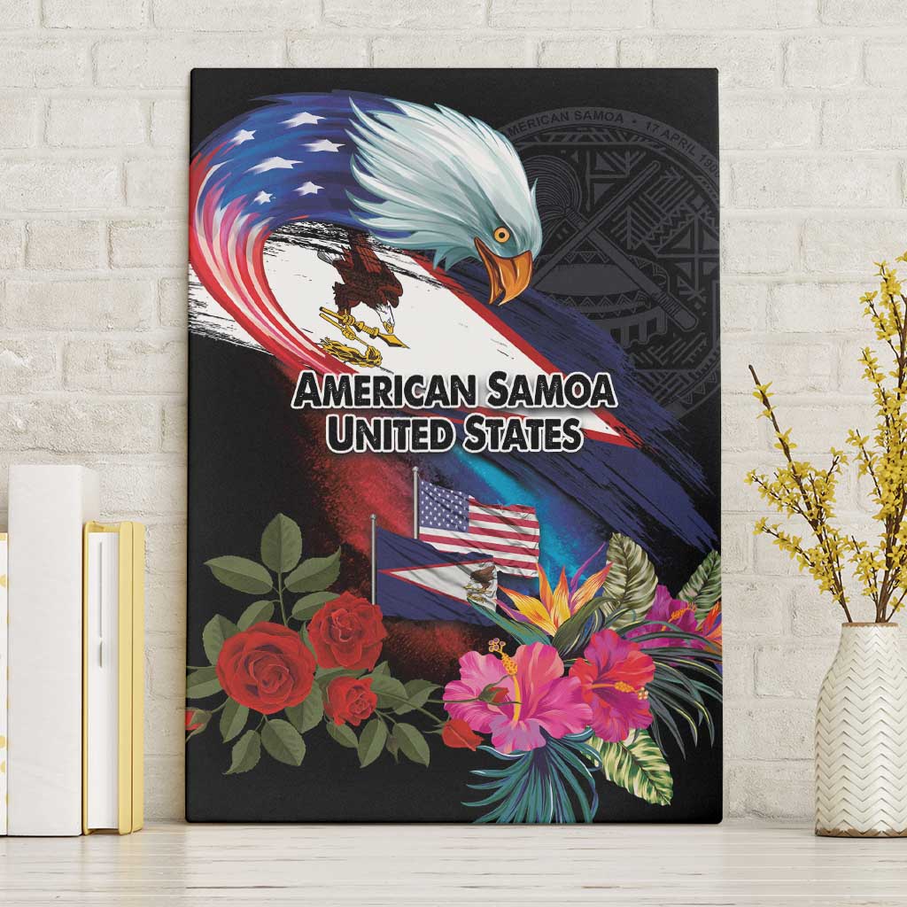 American Samoa and United States Together Canvas Wall Art National Flag with Eagle-Hibiscus and Rose LT03 Without Frame Black - Polynesian Pride