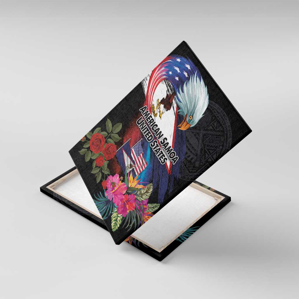 American Samoa and United States Together Canvas Wall Art National Flag with Eagle-Hibiscus and Rose LT03 With Frame Black - Polynesian Pride