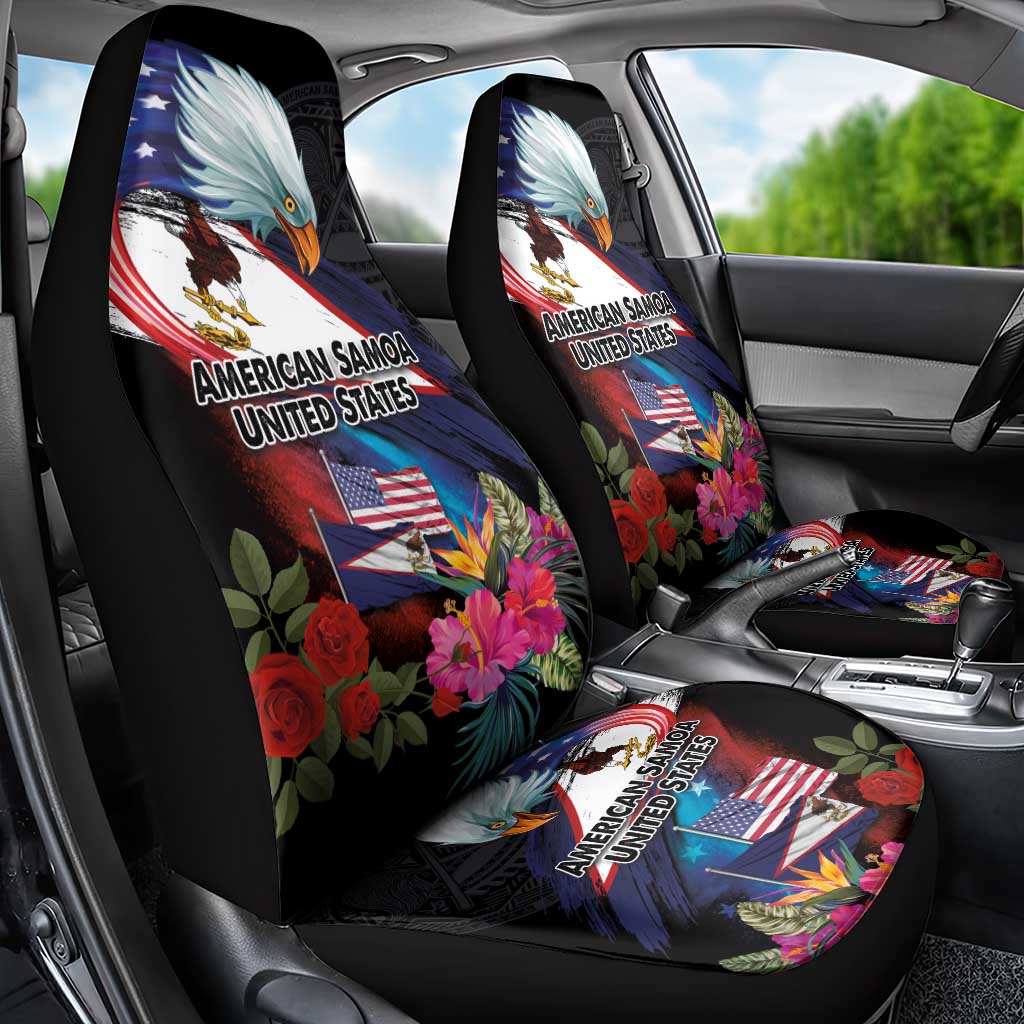 American Samoa and United States Together Car Seat Cover National Flag with Eagle-Hibiscus and Rose LT03 - Polynesian Pride