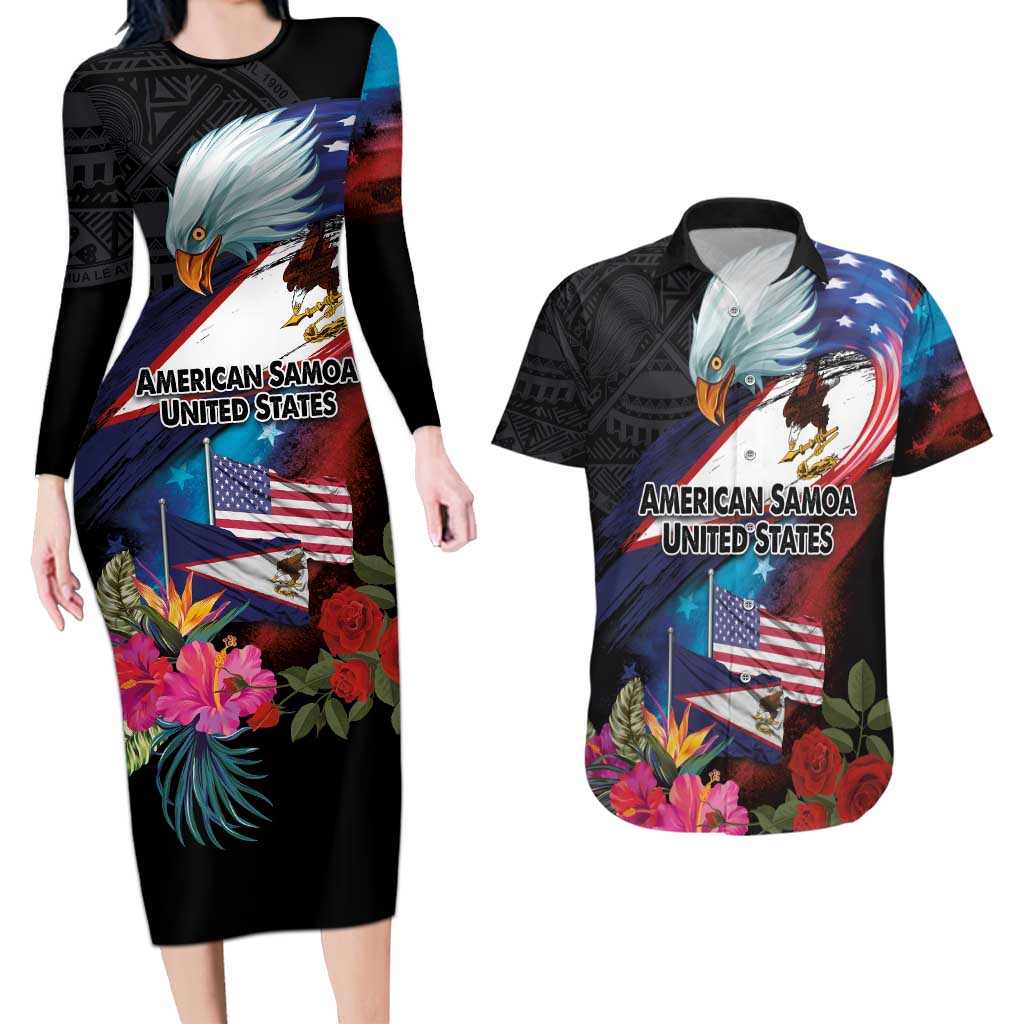 American Samoa and United States Together Couples Matching Long Sleeve Bodycon Dress and Hawaiian Shirt National Flag with Eagle-Hibiscus and Rose LT03 Black - Polynesian Pride