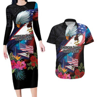 American Samoa and United States Together Couples Matching Long Sleeve Bodycon Dress and Hawaiian Shirt National Flag with Eagle-Hibiscus and Rose LT03 Black - Polynesian Pride