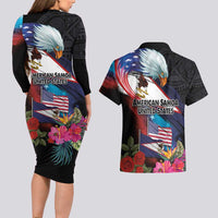 American Samoa and United States Together Couples Matching Long Sleeve Bodycon Dress and Hawaiian Shirt National Flag with Eagle-Hibiscus and Rose LT03 - Polynesian Pride