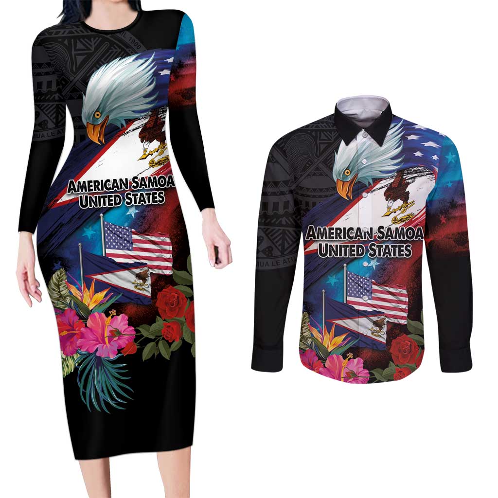 American Samoa and United States Together Couples Matching Long Sleeve Bodycon Dress and Long Sleeve Button Shirt National Flag with Eagle-Hibiscus and Rose LT03 Black - Polynesian Pride