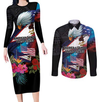 American Samoa and United States Together Couples Matching Long Sleeve Bodycon Dress and Long Sleeve Button Shirt National Flag with Eagle-Hibiscus and Rose LT03 Black - Polynesian Pride