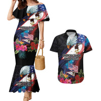 American Samoa and United States Together Couples Matching Mermaid Dress and Hawaiian Shirt National Flag with Eagle-Hibiscus and Rose LT03 Black - Polynesian Pride