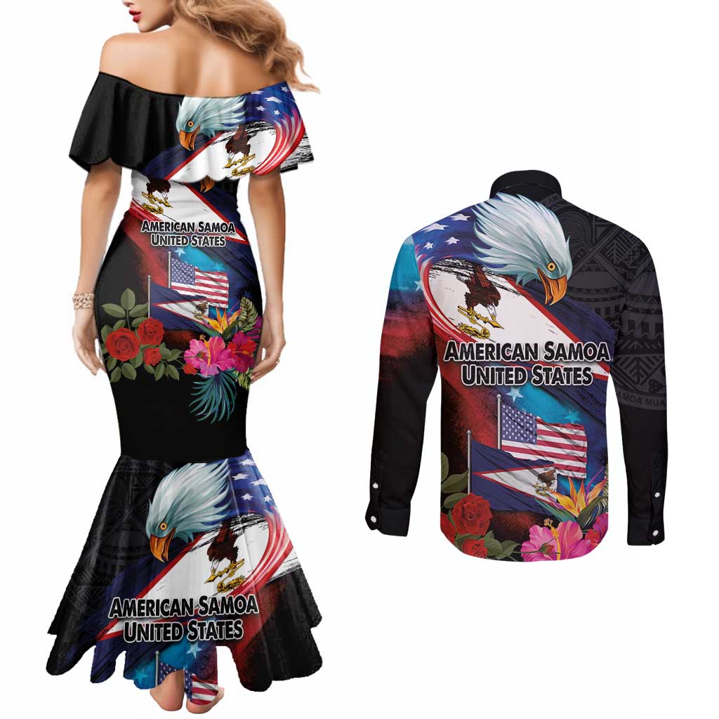 American Samoa and United States Together Couples Matching Mermaid Dress and Long Sleeve Button Shirt National Flag with Eagle-Hibiscus and Rose LT03 - Polynesian Pride