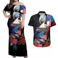American Samoa and United States Together Couples Matching Off Shoulder Maxi Dress and Hawaiian Shirt National Flag with Eagle-Hibiscus and Rose LT03 Black - Polynesian Pride