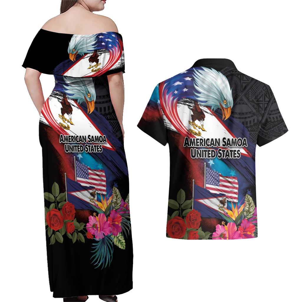 American Samoa and United States Together Couples Matching Off Shoulder Maxi Dress and Hawaiian Shirt National Flag with Eagle-Hibiscus and Rose LT03 - Polynesian Pride