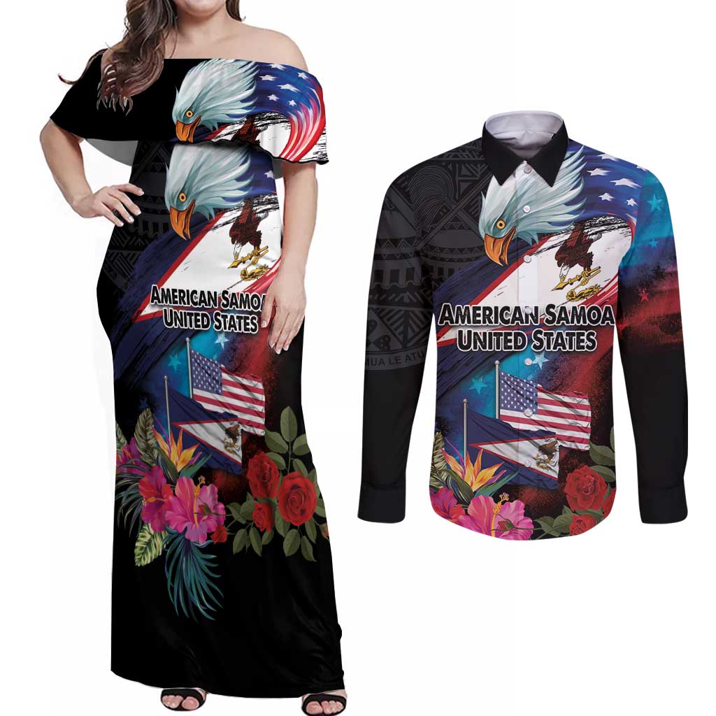 American Samoa and United States Together Couples Matching Off Shoulder Maxi Dress and Long Sleeve Button Shirt National Flag with Eagle-Hibiscus and Rose LT03 Black - Polynesian Pride