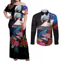 American Samoa and United States Together Couples Matching Off Shoulder Maxi Dress and Long Sleeve Button Shirt National Flag with Eagle-Hibiscus and Rose LT03 Black - Polynesian Pride
