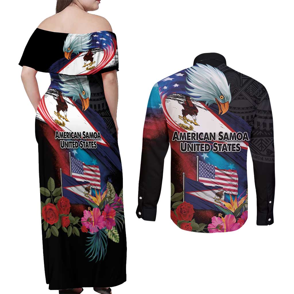 American Samoa and United States Together Couples Matching Off Shoulder Maxi Dress and Long Sleeve Button Shirt National Flag with Eagle-Hibiscus and Rose LT03 - Polynesian Pride