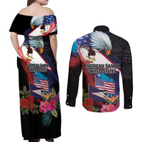 American Samoa and United States Together Couples Matching Off Shoulder Maxi Dress and Long Sleeve Button Shirt National Flag with Eagle-Hibiscus and Rose LT03 - Polynesian Pride