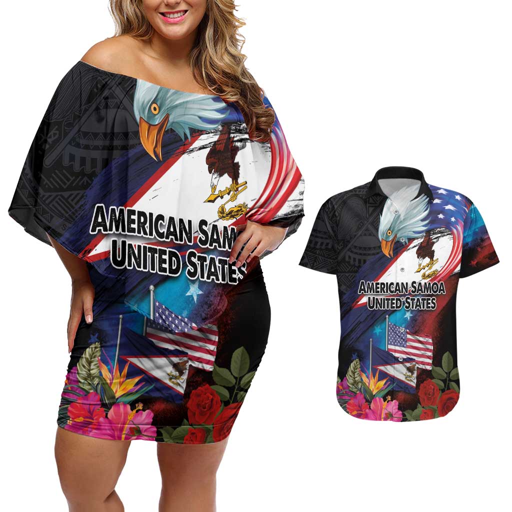American Samoa and United States Together Couples Matching Off Shoulder Short Dress and Hawaiian Shirt National Flag with Eagle-Hibiscus and Rose LT03 Black - Polynesian Pride