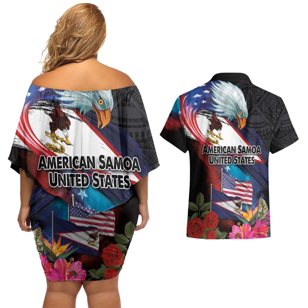 American Samoa and United States Together Couples Matching Off Shoulder Short Dress and Hawaiian Shirt National Flag with Eagle-Hibiscus and Rose LT03 - Polynesian Pride