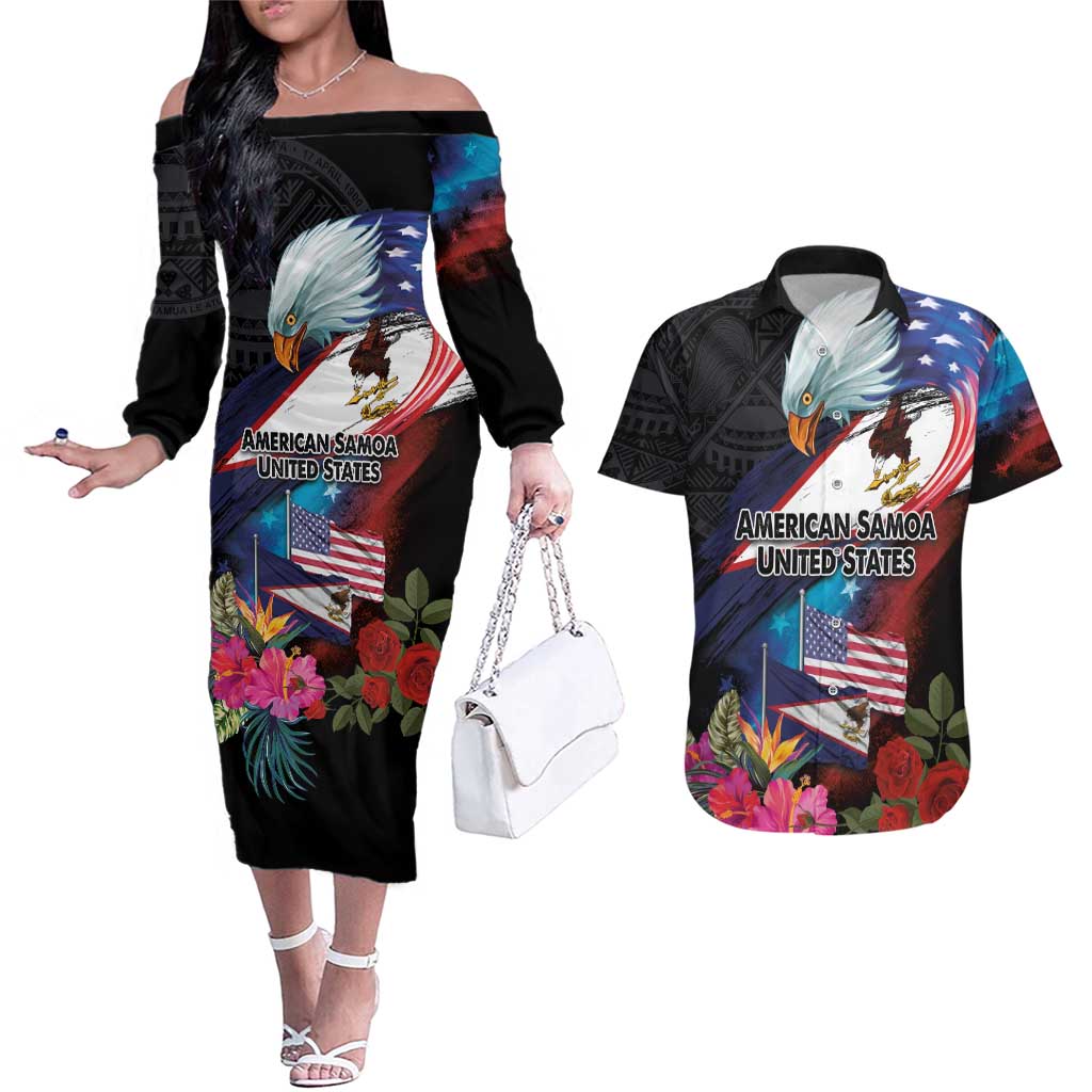 American Samoa and United States Together Couples Matching Off The Shoulder Long Sleeve Dress and Hawaiian Shirt National Flag with Eagle-Hibiscus and Rose LT03 Black - Polynesian Pride