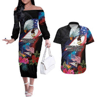 American Samoa and United States Together Couples Matching Off The Shoulder Long Sleeve Dress and Hawaiian Shirt National Flag with Eagle-Hibiscus and Rose LT03 Black - Polynesian Pride