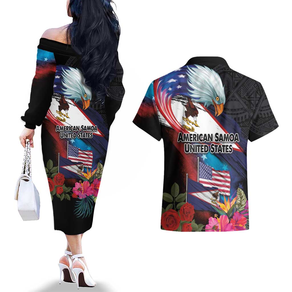 American Samoa and United States Together Couples Matching Off The Shoulder Long Sleeve Dress and Hawaiian Shirt National Flag with Eagle-Hibiscus and Rose LT03 - Polynesian Pride