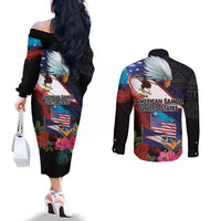 American Samoa and United States Together Couples Matching Off The Shoulder Long Sleeve Dress and Long Sleeve Button Shirt National Flag with Eagle-Hibiscus and Rose LT03 - Polynesian Pride