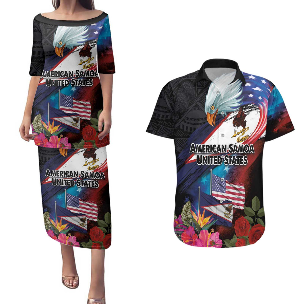 American Samoa and United States Together Couples Matching Puletasi and Hawaiian Shirt National Flag with Eagle-Hibiscus and Rose LT03 Black - Polynesian Pride