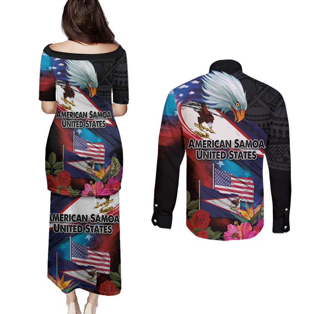 American Samoa and United States Together Couples Matching Puletasi and Long Sleeve Button Shirt National Flag with Eagle-Hibiscus and Rose LT03 - Polynesian Pride