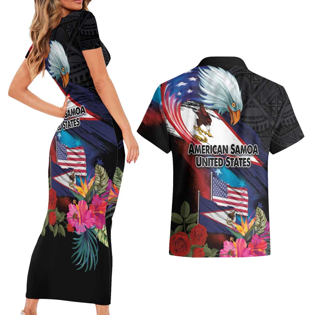 American Samoa and United States Together Couples Matching Short Sleeve Bodycon Dress and Hawaiian Shirt National Flag with Eagle-Hibiscus and Rose LT03 - Polynesian Pride