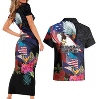 American Samoa and United States Together Couples Matching Short Sleeve Bodycon Dress and Hawaiian Shirt National Flag with Eagle-Hibiscus and Rose LT03 - Polynesian Pride